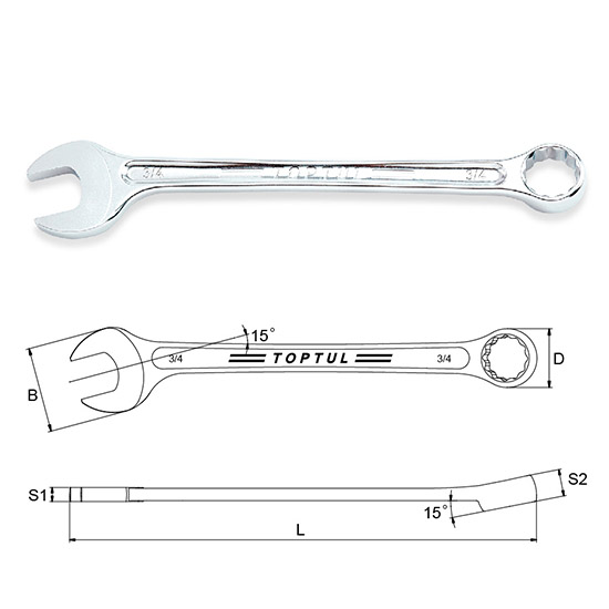 Hi-Performance Combination Wrench 15° Offset - SAE - TOPTUL The