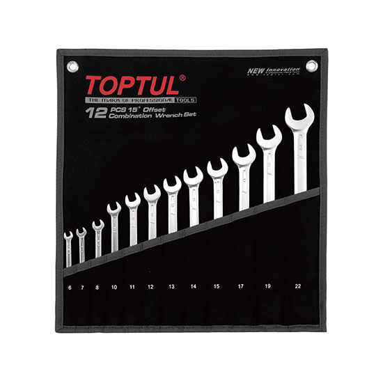 15° Offset Long Combination Wrench Set - POUCH BAG - BLACK (Satin Chrome Finished)