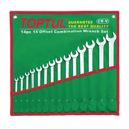 15&#xB0; Offset Long Combination Wrench Set - POUCH BAG - GREEN (Satin Chrome Finished)