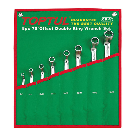 75° Offset Double Ring Wrench Set - POUCH BAG - GREEN (Satin Chrome Finished)