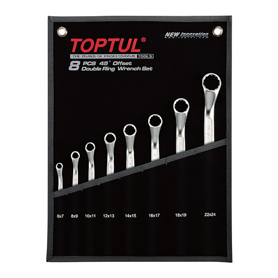 45° Offset Double Ring Wrench Set - POUCH BAG - BLACK (Mirror / Satin Chrome Finished)
