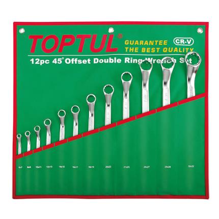 45&#xB0; Offset Double Ring Wrench Set - POUCH BAG - GREEN (Satin Chrome Finished)
