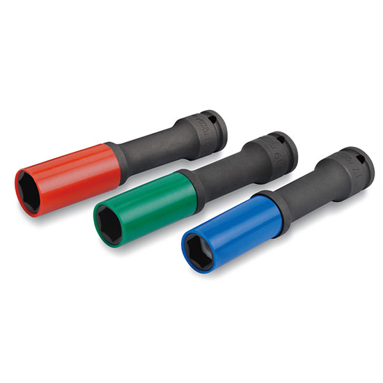 1/2" DR 6PT Flank Extra Long Thin Wall Deep Impact Sockets with Plastic Sleeves