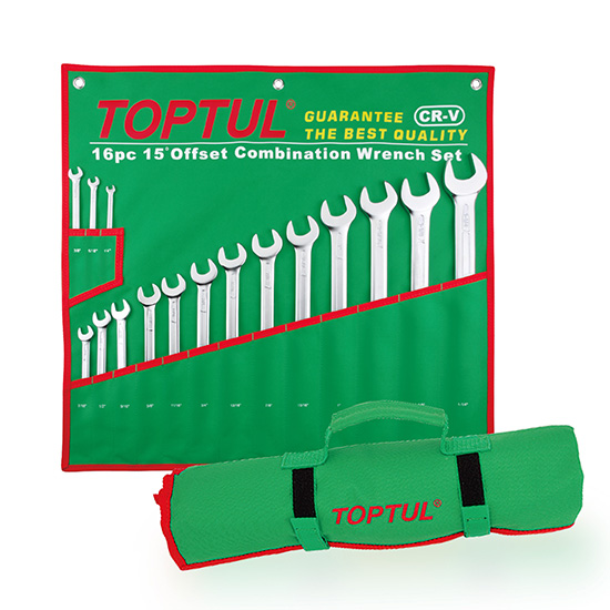 15&#xB0; Offset Long Combination Wrench Set - POUCH BAG - GREEN - SAE(Satin Chrome Finished)