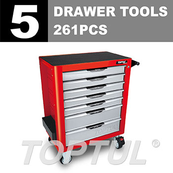 W/7-Drawer Tool Trolley - 261PCS Mechanical Tool Set (PRO-PLUS SERIES) RED - GLOSS FINISH