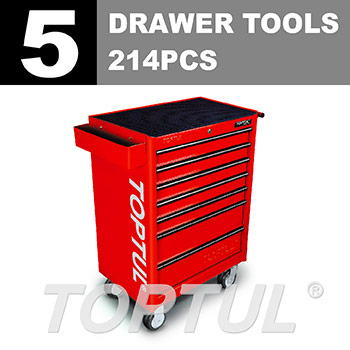 W/7-Drawer Tool Trolley - 214PCS Mechanical Tool Set (GENERAL SERIES) RED