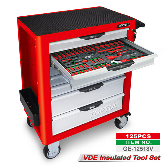 W/7-Drawer Tool Trolley - 125PCS VDE Insulated Tool Set - TOPTUL