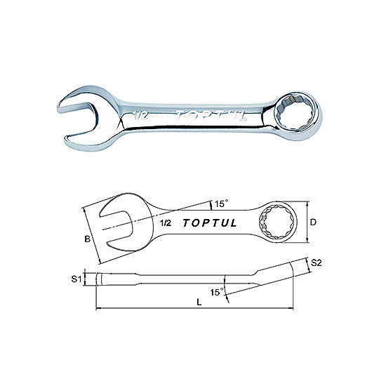 Midget Combination Wrench 15° Offset - SAE (Mirror Polished)
