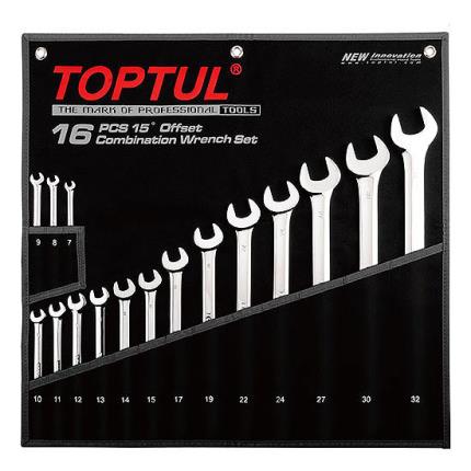 15&#xB0; Offset Long Combination Wrench Set - POUCH BAG - BLACK (Mirror Polished)