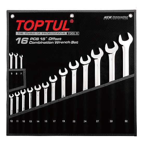 15° Offset Long Combination Wrench Set - POUCH BAG - BLACK (Mirror Polished)