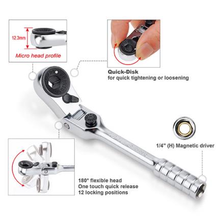 1/4&quot; (H) Locking Flexible Head Mini Reversible Bit Ratchet Handle