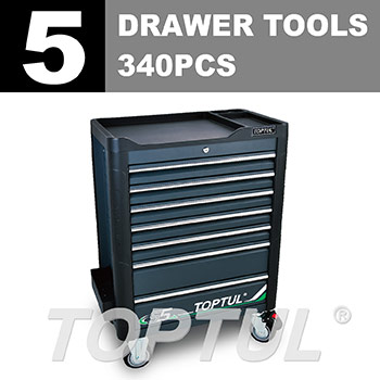 W/7-Drawer Tool Trolley - 340 PCS Mechanics Tool Set (BUMPER SERIES) GRAY - ABS Worktop