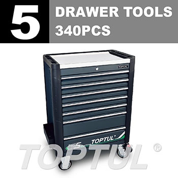 W/7-Drawer Tool Trolley - 340 PCS Mechanics Tool Set (BUMPER SERIES) GRAY - Stainless Steel Worktop