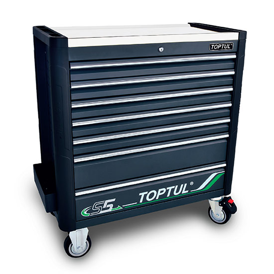 W/7-Drawer Tool Trolley - 413 PCS Mechanics Tool Set (BUMPER SERIES) GRAY - Stainless Steel Worktop