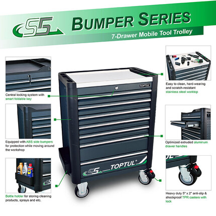 7-Drawer Mobile Tool Trolley - BUMPER SERIES - GRAY - Stainless Steel Worktop