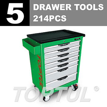 W/7-Drawer Tool Trolley - 214PCS Mechanical Tool Set (PRO-LINE SERIES) GREEN - GLOSS FINISH
