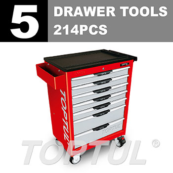 W/7-Drawer Tool Trolley - 214PCS Mechanical Tool Set (PRO-LINE SERIES) RED