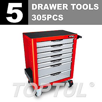 W/7-Drawer Tool Trolley - 305PCS Mechanical Tool Set (PRO-PLUS SERIES) RED - GLOSS FINISH
