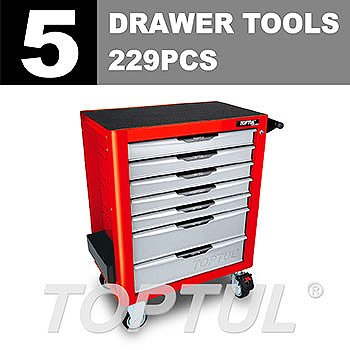 W/7-Drawer Tool Trolley - 229PCS Mechanical Tool Set (PRO-PLUS SERIES) RED - GLOSS FINISH